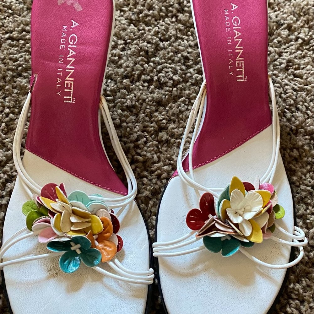A Giannetti Leather Flower Heel Sandals